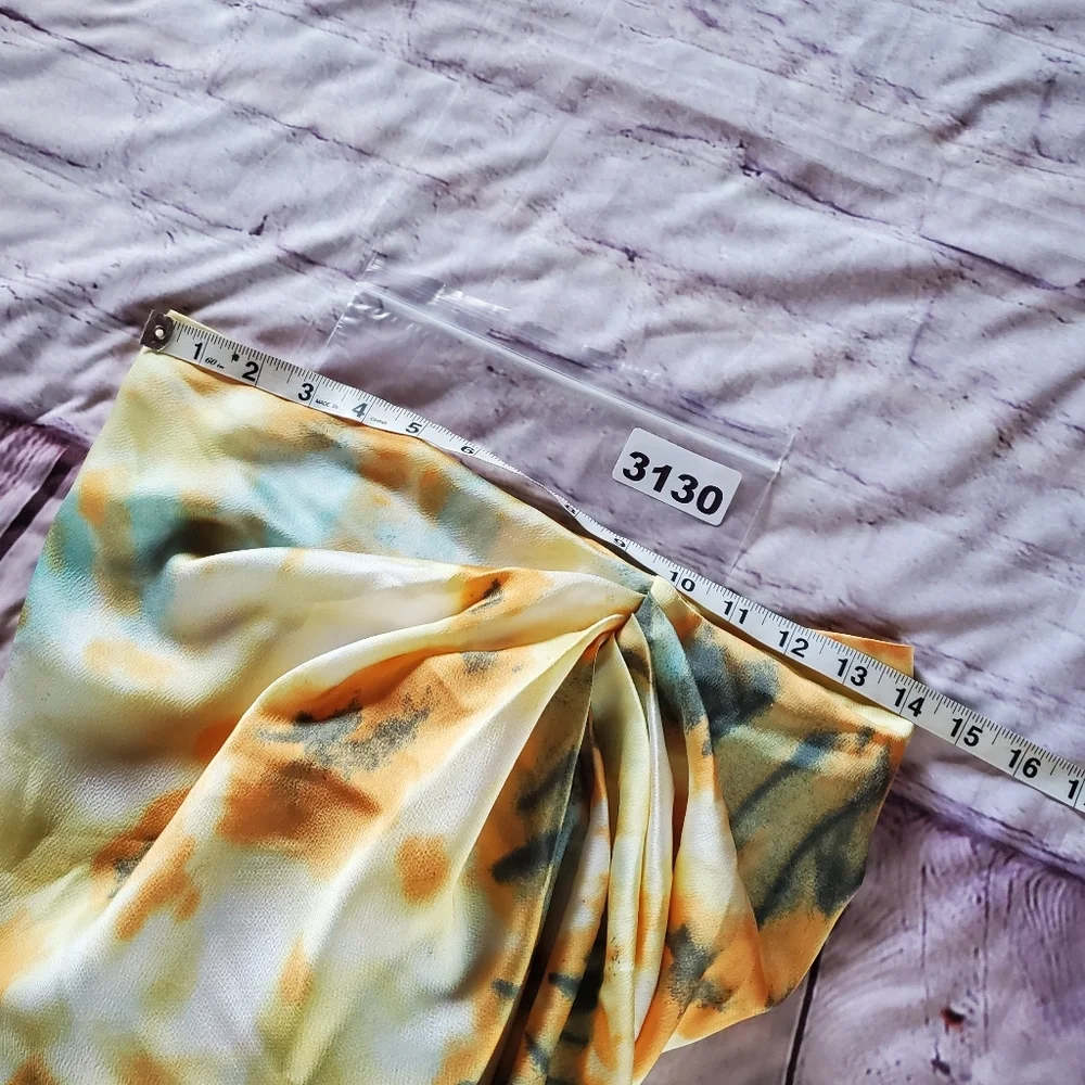 Orange Tie Dye Ruched Side Midi Skirt Open Side Beachy Sexy Sophisticated 6